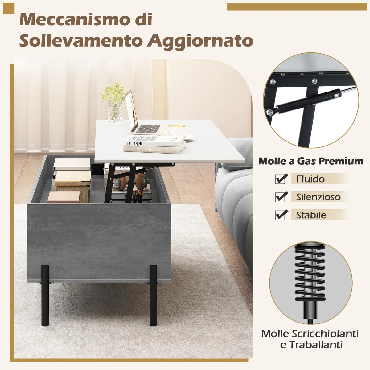 COSTWAY Tavolino da Caffè Sollevabile, Tavolo da Salotto con Piano Sollevabile, Ampio Comparto Nascosto, 3 Scomparti Aperti e Gambe in Metallo, Ideale per Salotto e Ufficio (Grigio)