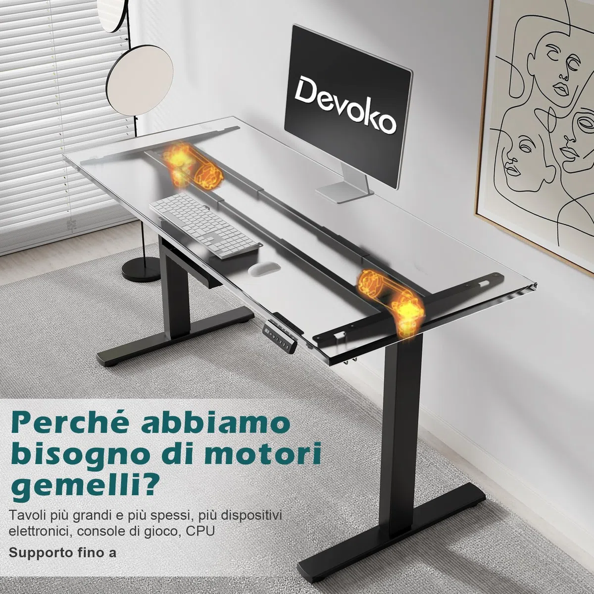 Devoko Scrivania Seduta E In Piedi, 2 Motori, Piano Scrivania Con 3 Tasti Di Memoria, Rotelle, Ganci E Scatola Per La Gestione Dei Cavi, Scrivania Regolabile In Altezza 73 – 120 cm, Nero