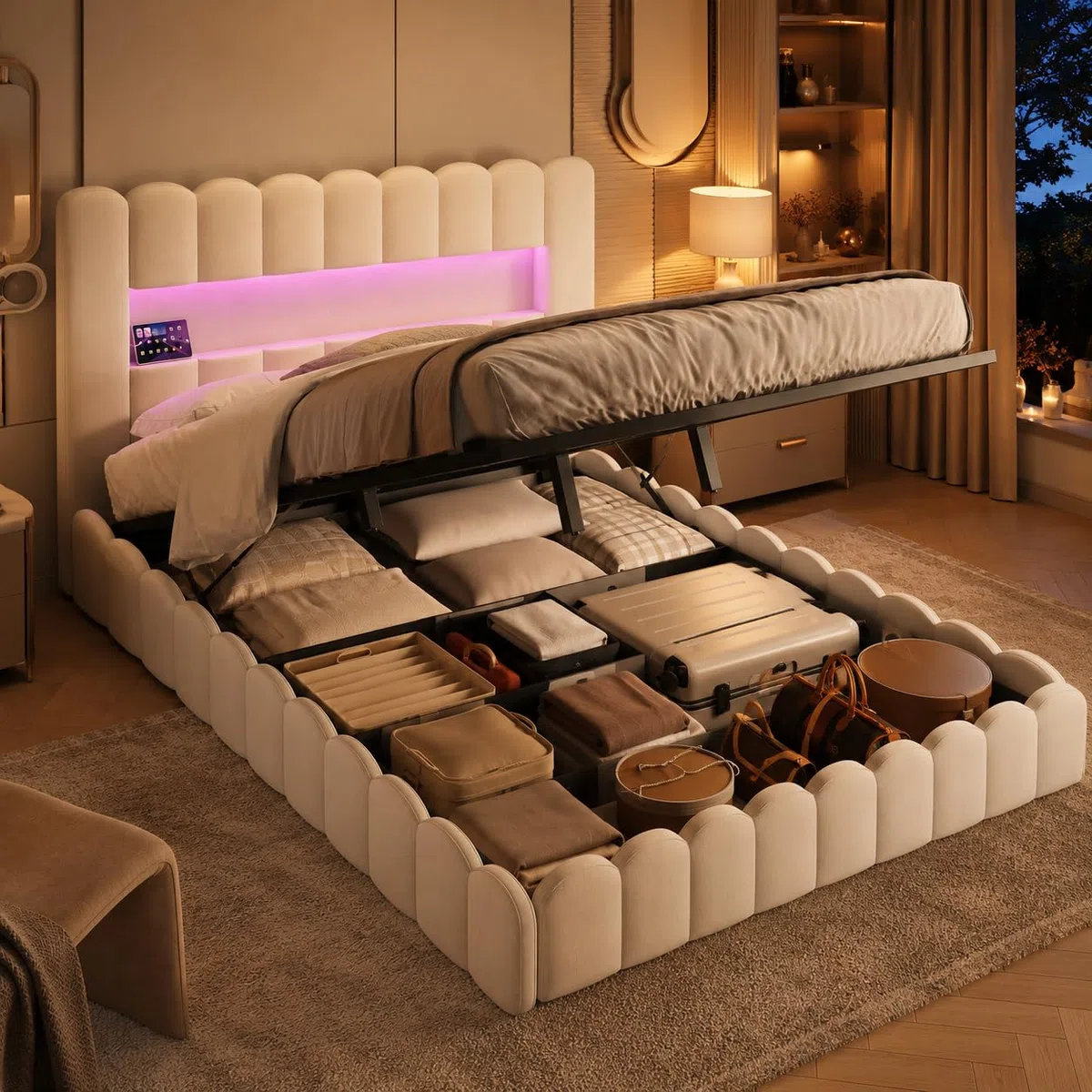 BRILVERDE Letto imbottito 180x200,Letto matrimoniale con contenitore,Testiera con illuminazione a LED e ricarica USB, con rete a doghe, Beige, lino, materasso non incluso