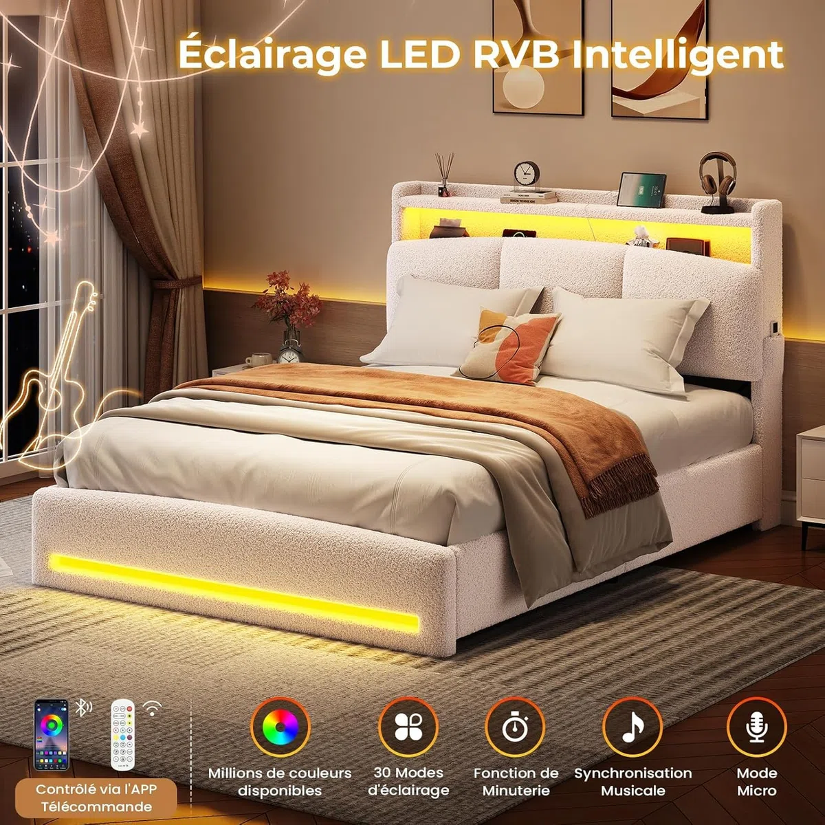 AGOLLATI Letto Contenitore Matrimoniale, Letto 140 x 200 cm con Illuminazione a LED e Stazione di Ricarica, Letto Matrimoniale con Sollevamento Idraulico e Testiera Imbottita, Beige (Teddy Fleece)