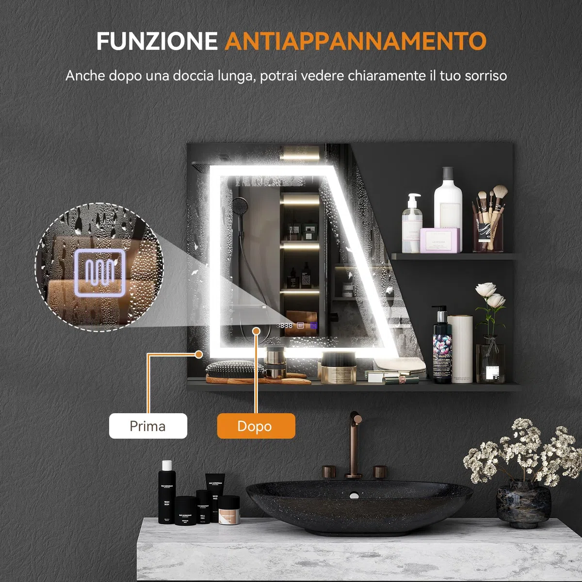 YU YUSING Specchio Bagno LED 80x60 cm con 2 Ripiani, Specchio da Parete con Led, 3 Colori, Luce Regolabili, Contro Touch, Display dell'Ora e Temperatura, Antiappannamento, IP44, Moderno, Nero