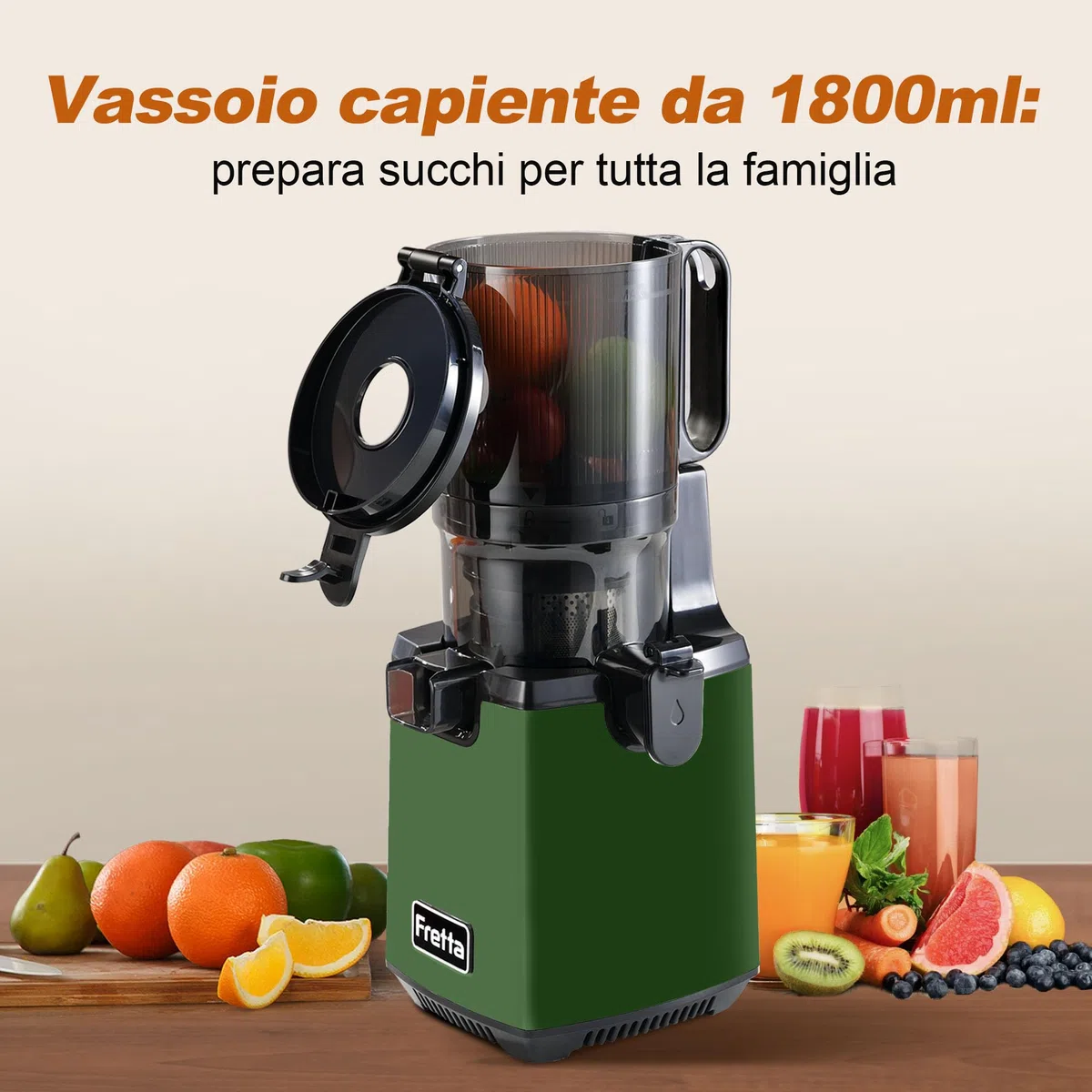 Fretta Estrattore di succo a masticazione lenta 250 W, tecnologia a pressione a freddo per succo ricco di sostanze nutritive, ampio scivolo 135 mm, facile da pulire, senza BPA (Verde)