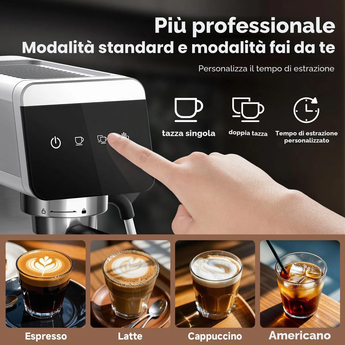AMZCHEF Macchina per caffè espresso 20 bar con indicatore LED Home 2 in 1 con serbatoio rimovibile da 1,2 l, per regali domestici, compatta in acciaio inox, 1350 W