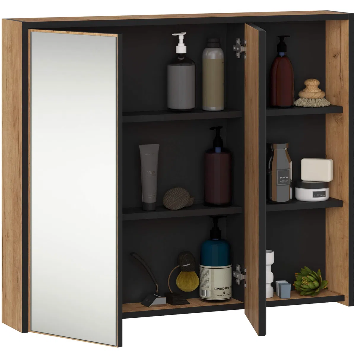 AKORD Mobile Bagno con Specchio VAMI 90 cm - Pensile Bagno Specchio Contenitore 2 Ante, 6 Ripiani - Spazioso - Robusti e Resistenti all'Umidità - 90x75x15 cm - Rovere Artigianale & Nero