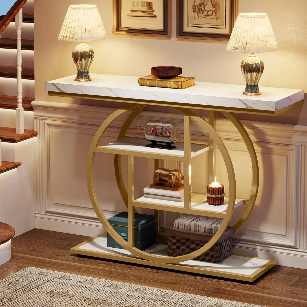 Tribesigns Tavolo consolle da 104,1 cm, tavolo industriale a 4 livelli con base circolare, tavoli decorativi in legno stretto con ripiani portaoggetti per soggiorno, corridoio, ingresso