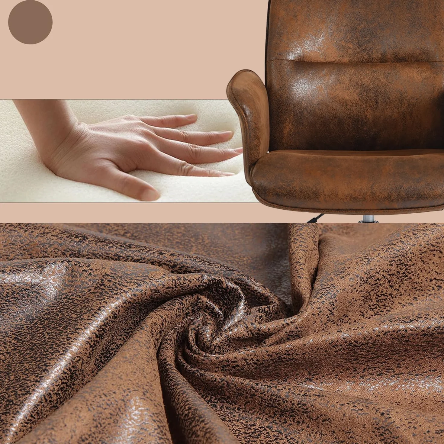 MEUBLE COSY Sedia da Ufficio Girevole Regolabile in Altezza Poltrona da Toelette Scrivania Seduta in Pelle Scamosciata per Studio Camera da Letto, Marrone