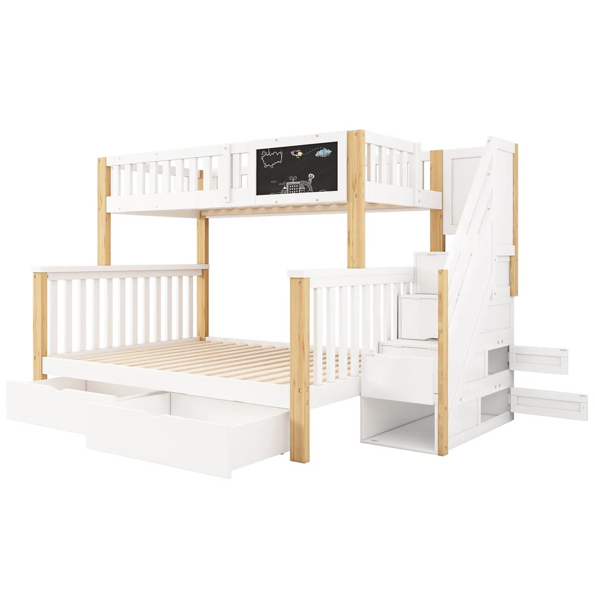 Moimhear Letto a castello per bambini, letto matrimoniale, 90 x 200 cm+140 x 200 cm, letto infantile multifunzionale, con lavagna e cassetti, senza materasso (colore bianco e legno)