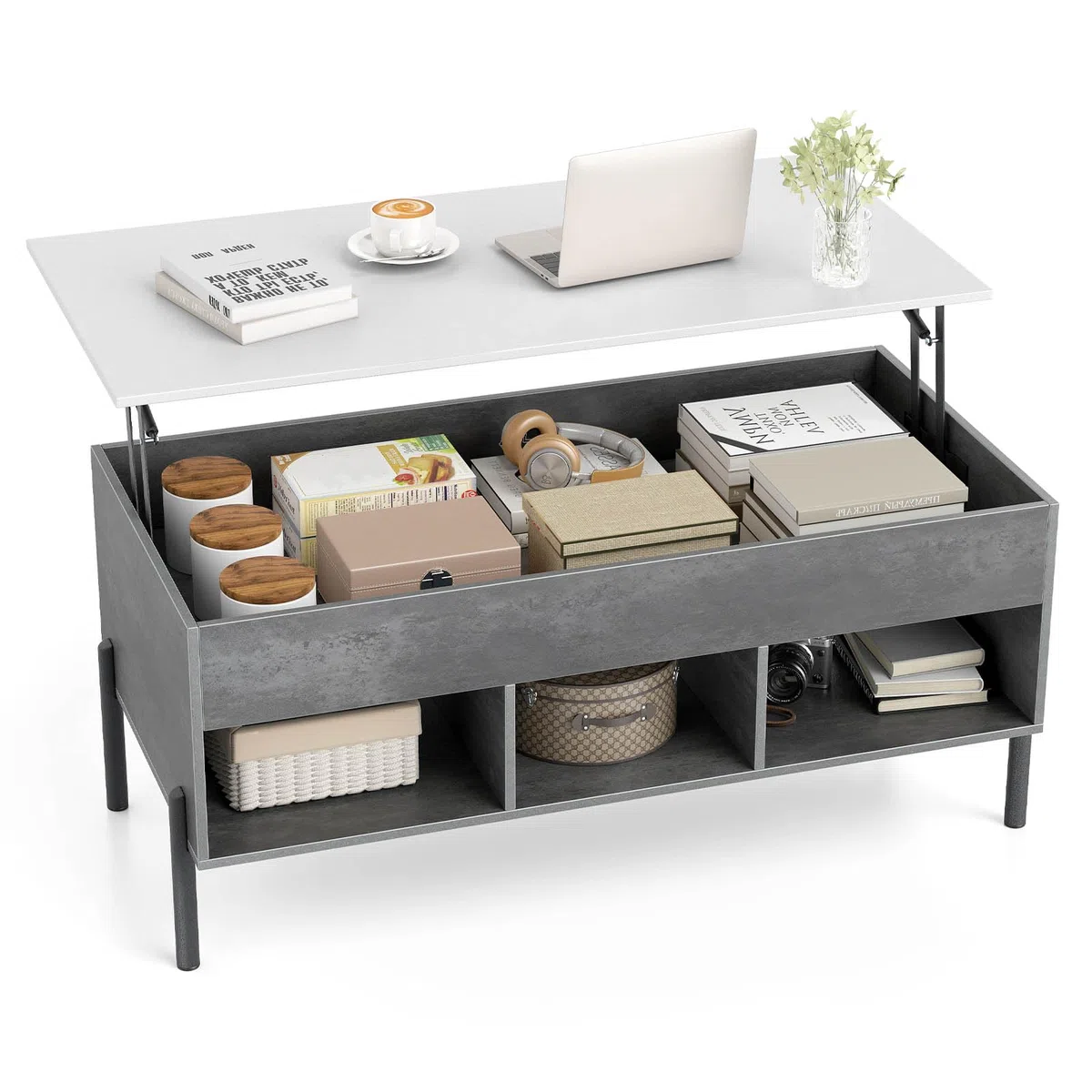 COSTWAY Tavolino da Caffè Sollevabile, Tavolo da Salotto con Piano Sollevabile, Ampio Comparto Nascosto, 3 Scomparti Aperti e Gambe in Metallo, Ideale per Salotto e Ufficio (Grigio)