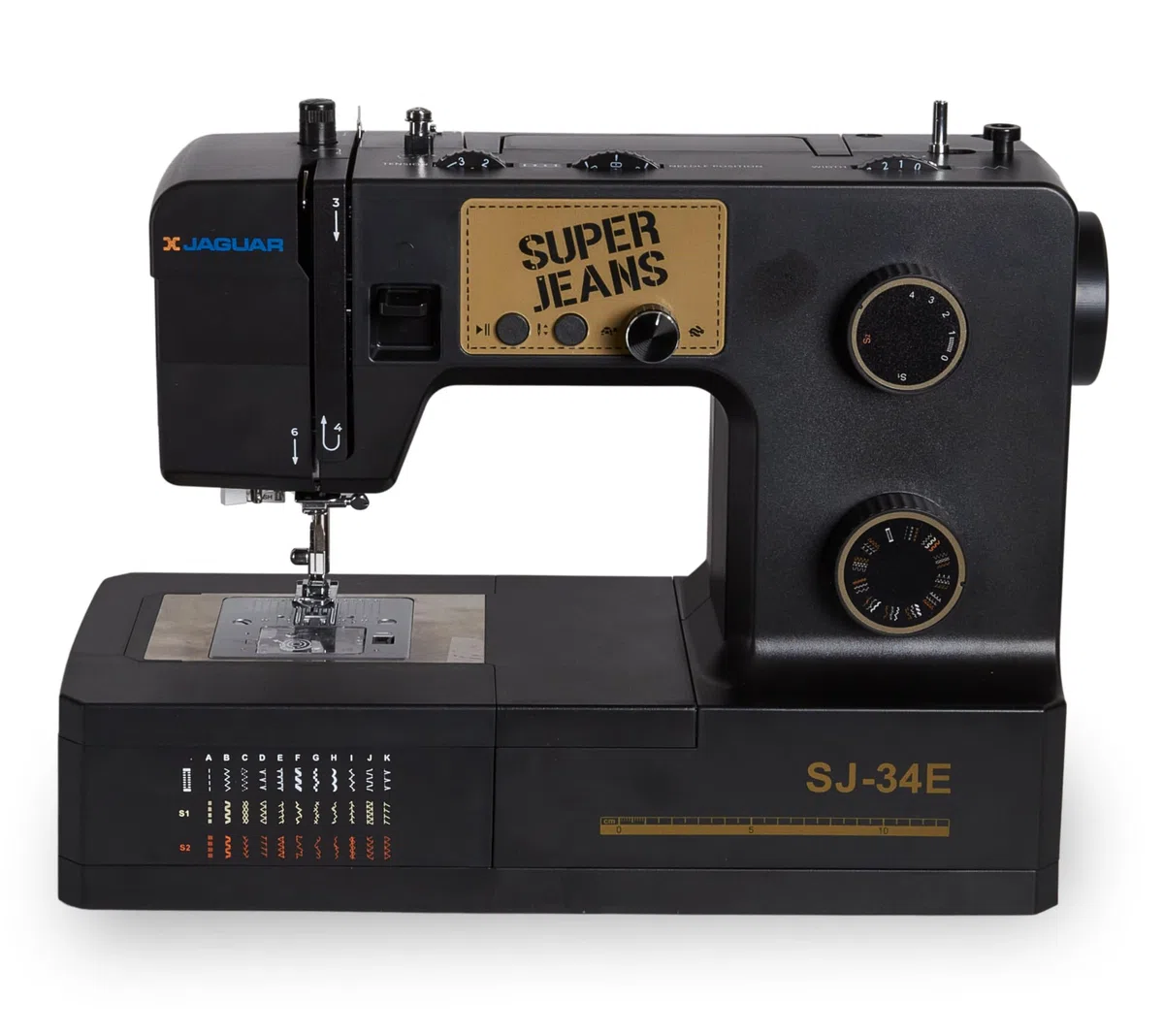 Jaguar SJ-34E Macchina per Cucire Robusta Super Jeans | 34 Punti | Elettronica | Tavolo di Estensione | Infila-Ago Automatico | Spolina a Inserimento | Motore Servo | LED | Braccio Libero | Per Tessut