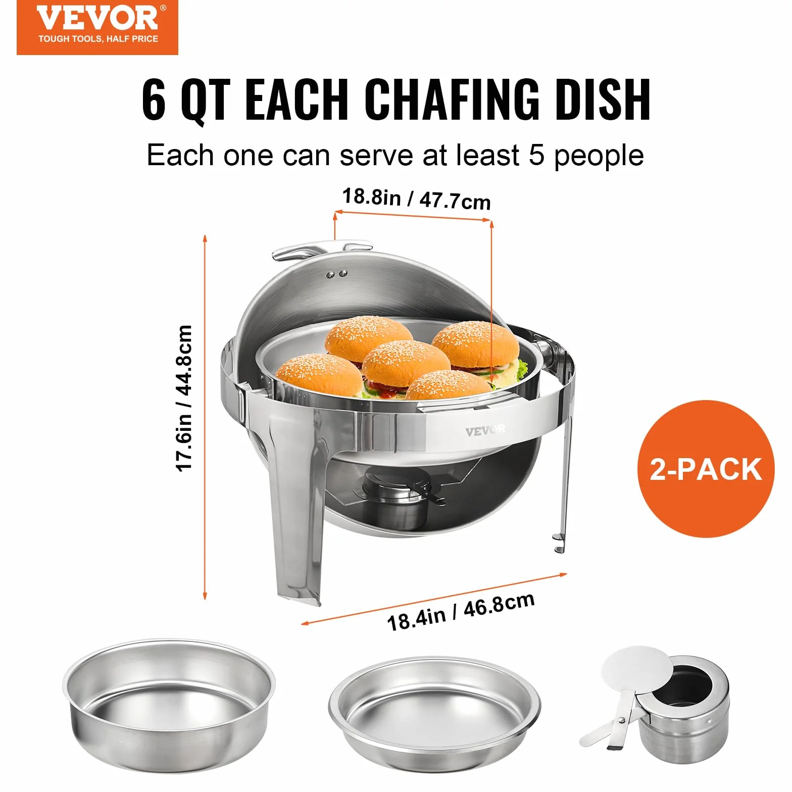 VEVOR Set di Scaldavivande 2 Pezzi in Acciaio Inox per Servizio Buffet Catering Ristorazione Coperchio Arrotolabile Capienza Max. 5,5L, Set di Vassoio di Riscaldamento Scaldavivande Rotonda per Buffet