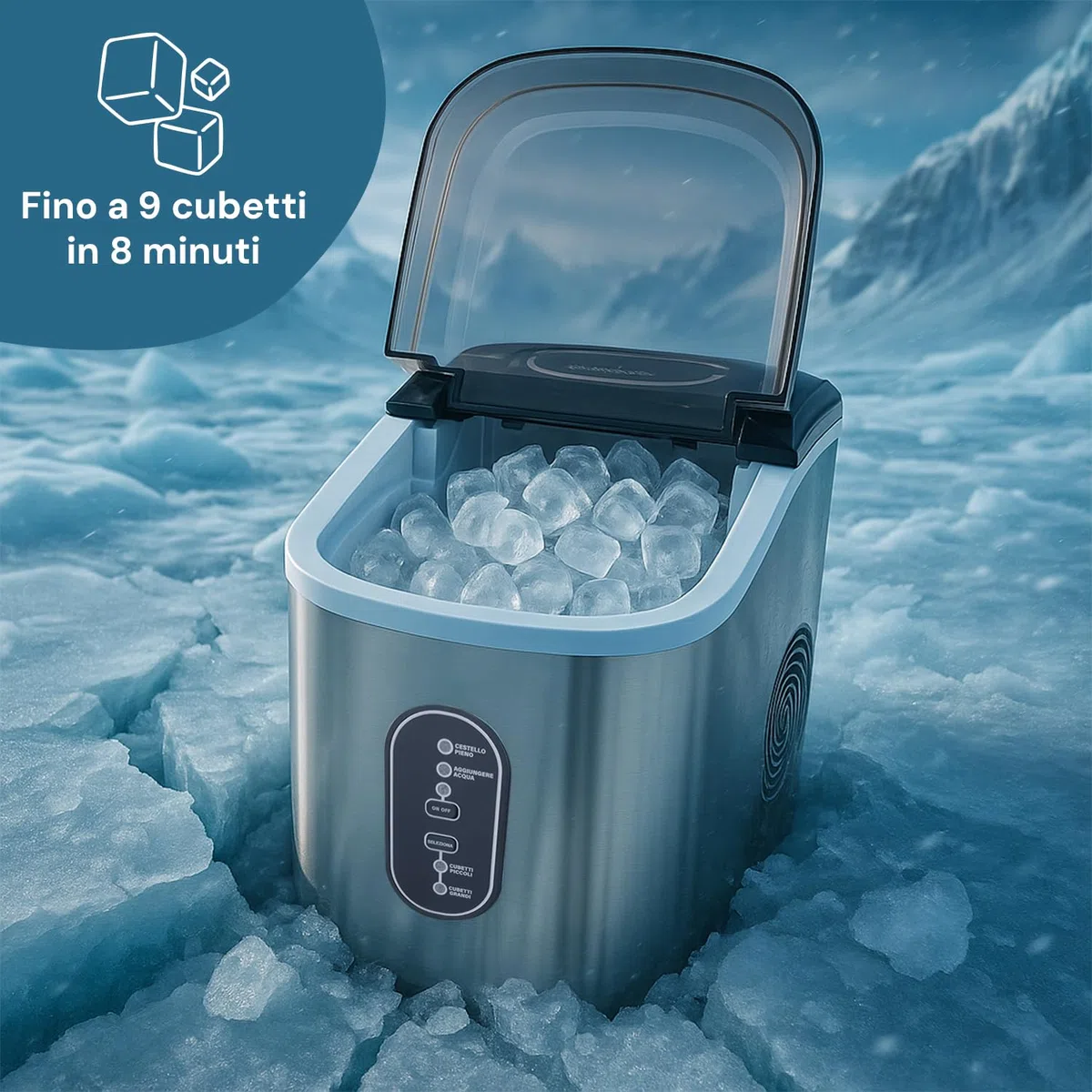 Wintem - Macchina Ghiaccio 15Kg/24h 105W in Acciaio Inox con Cubetti in 2 Misure per Bevande e Cocktail, Uso Domestico e Professionale, Rapida Produzione in 6 Minuti, Bassa Rumorosità
