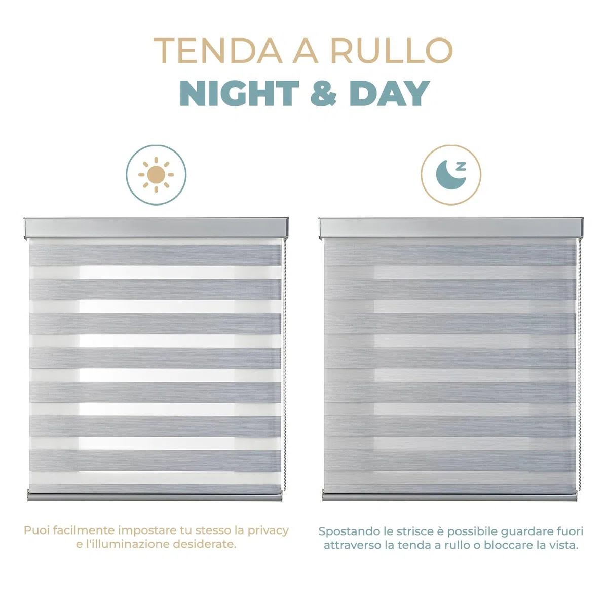 PARAMAISON Tenda a Rullo con Cassonetto per Interni Giorno e Notte, Struttura in Alluminio, Catenella, Tenda Doppia Posizione e Luminosità Variabile | 240x300 Tortora/Acciaio