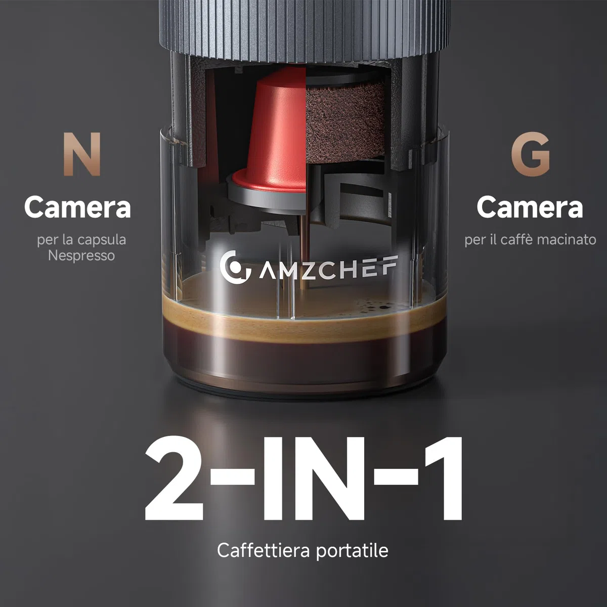 AMZCHEF Macchina Caffe Portatile 20 Bar – Ricaricabile USB-C, Compatibile con Capsule e Caffè Macinato – Macchina da caffè espresso elettrica portatile per Campeggio, Ufficio, Auto,Alluminio