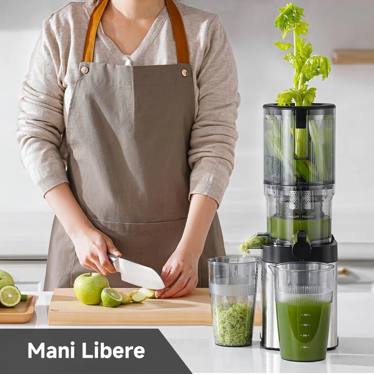 AMZCHEF Spremiagrumi – Slow Juicer con larghezza 135 mm e tubo di alimentazione più grande per verdure e frutta intere – Spremiagrumi facile da pulire con 2 bicchieri, argento