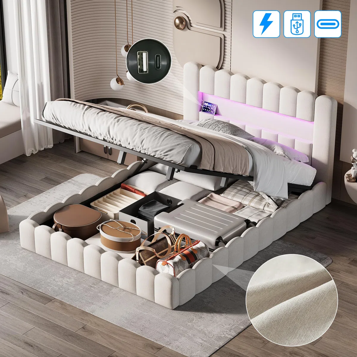 BRILVERDE Letto imbottito 180x200,Letto matrimoniale con contenitore,Testiera con illuminazione a LED e ricarica USB, con rete a doghe, Beige, lino, materasso non incluso