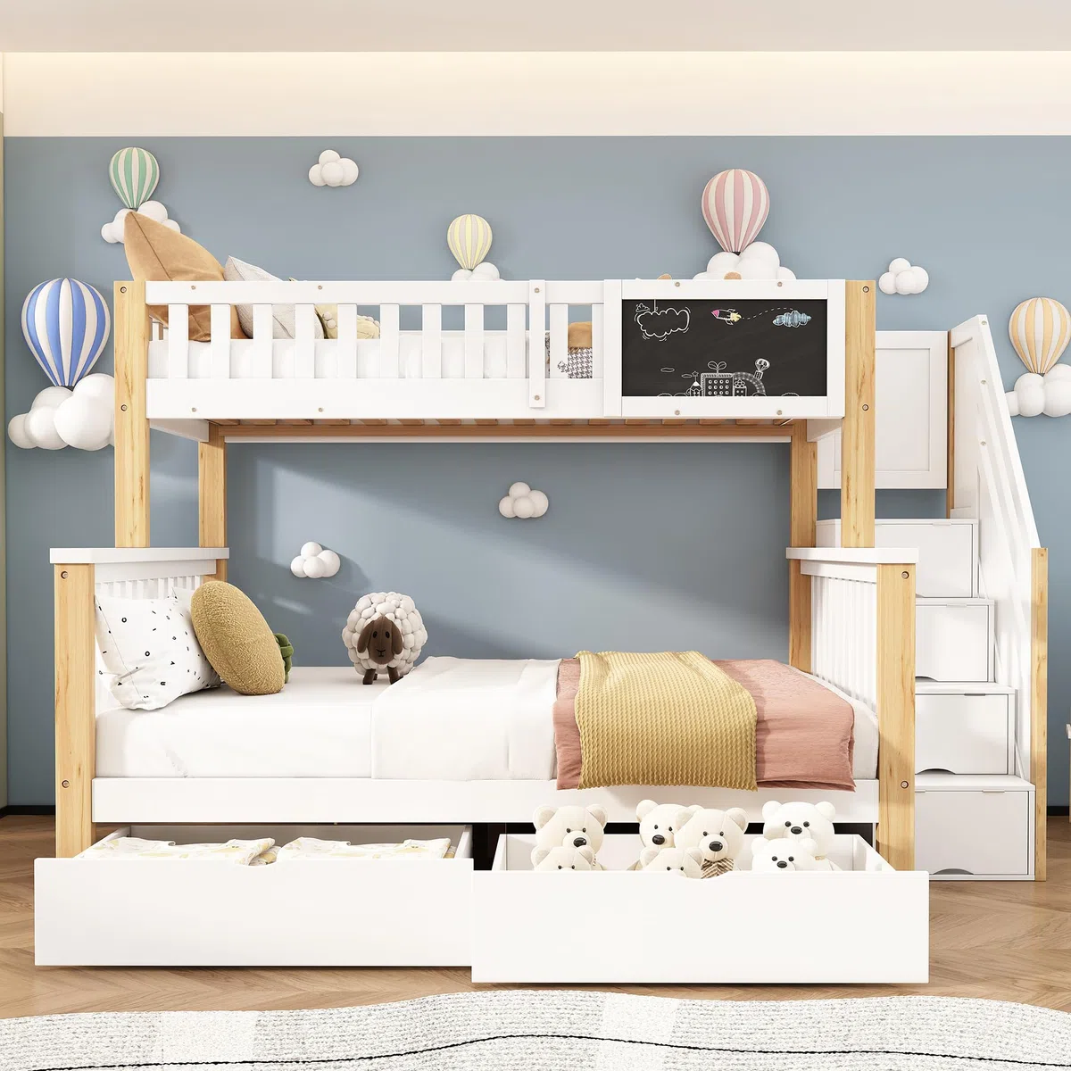 Moimhear Letto a castello per bambini, letto matrimoniale, 90 x 200 cm+140 x 200 cm, letto infantile multifunzionale, con lavagna e cassetti, senza materasso (colore bianco e legno)