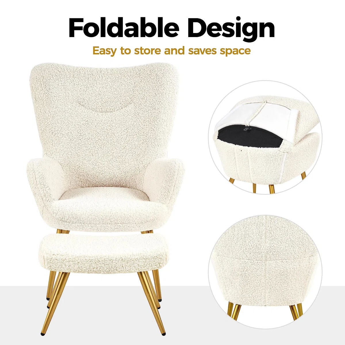 Yaheetech Set Poltrona da Salotto con Pouf Poggiapiedi in Tessuto Bouclé e Metallo Imbottita con Schienale Braccioli per Lettura/Camera da Letto/caffè/Studio Avorio