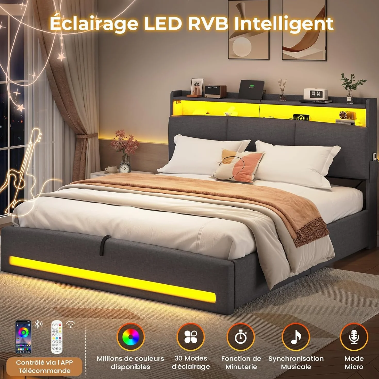 AGOLLATI Letto Contenitore Matrimoniale, Letto 140x190 cm con Illuminazione LED e Stazione di Ricarica, Letto Matrimoniale con Sollevamento Idraulico, Testiera Imbottita con Contenitore, Grigio Scuro