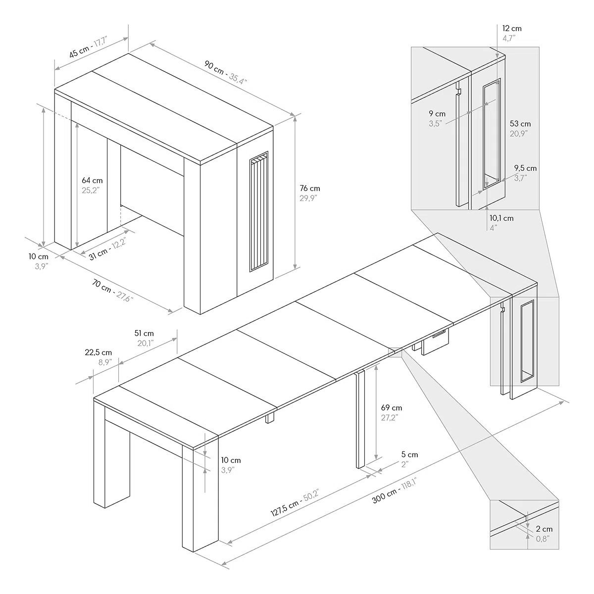 PAZZO DESIGN, Tavolo Consolle Allungabile Con Porta Prolunghe Elvire, Rovere Rustico, Fino A 12 Posti, Tavolo Consolle Cucina, Tavolo Consolle Salvaspazio, Made in Italy, Da 45 A 300 Cm - id_1931