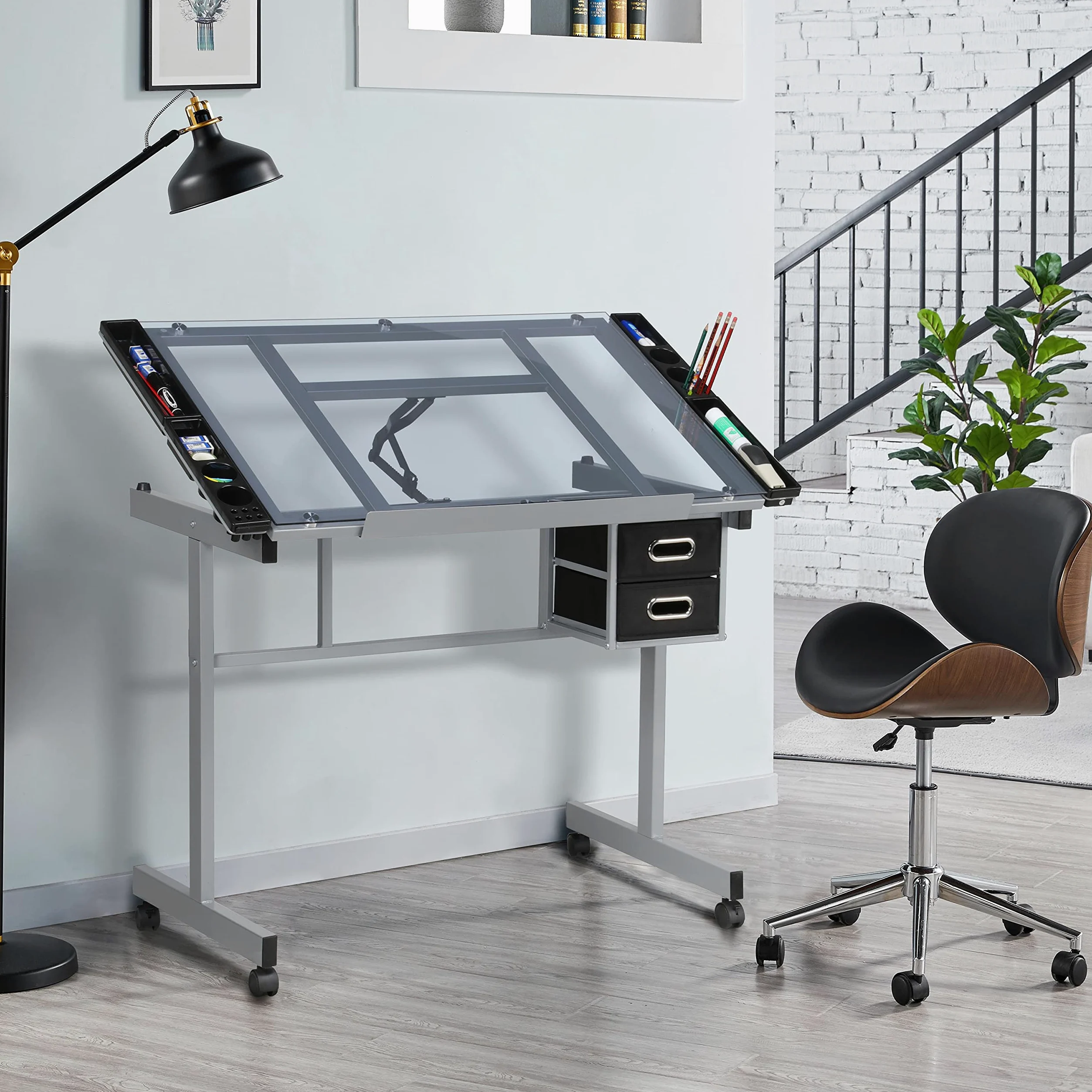 Yaheetech Tavolo da Disegno Inclinabile Scrivania con Piano in Vetro Regolabile Struttura in Acciaio Mobile Studio con Cassetti a Doppio Uso per Arte Pittura Design Lavoro Altezza Regolabile
