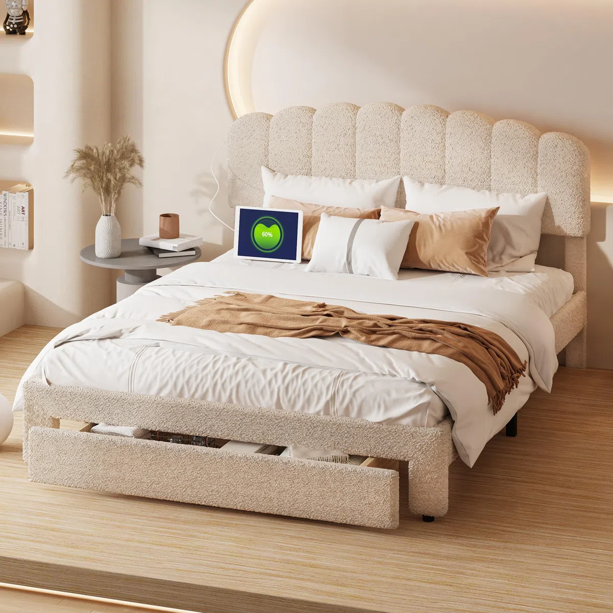 Letto imbottito 140 x 200 cm, letto matrimoniale con 1 cassetto e rete a doghe, testiera regolabile in altezza con funzione di ricarica USB-C – Letto per riporre lo schienale del letto, Teddy