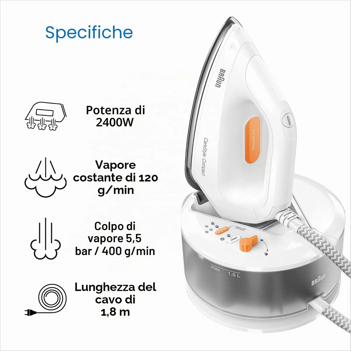 Braun CareStyle Compact IS 2132 WH - Ferro da stiro a vapore con piastra FreeGlide 3D, vapore verticale, 2400 Watt, pressione pompa 5,5 bar, colpo di vapore 400 g/min, serbatoio acqua grande da 1,5 l