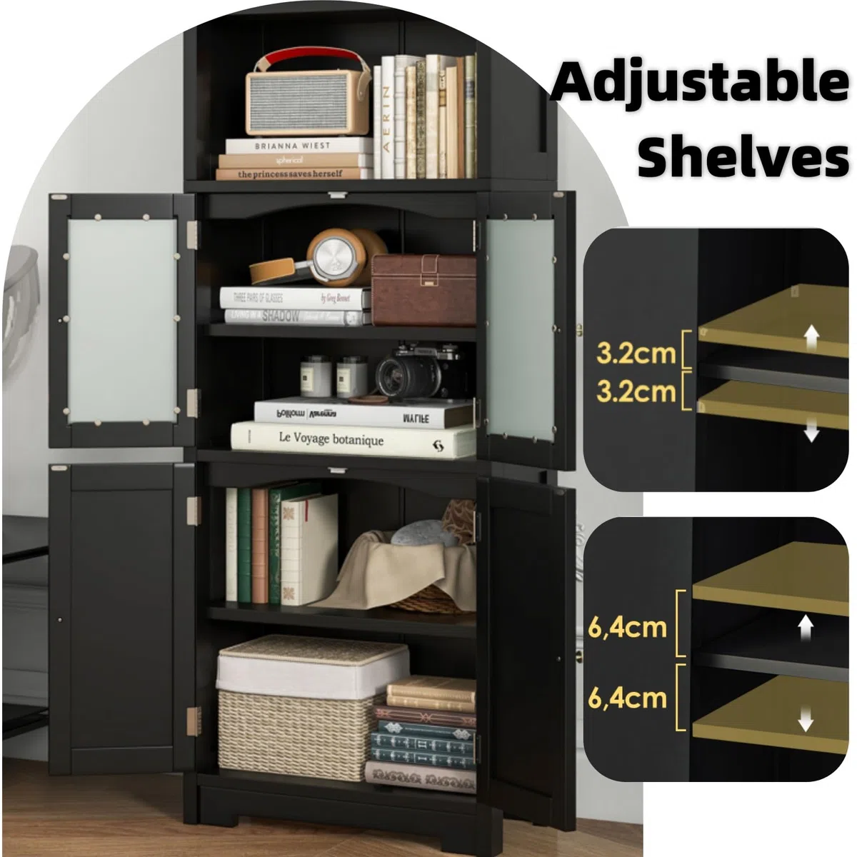 LIFEZEAL Mobiletto Alto da Bagno Salvaspazio, Mobiletto Multiuso in Legno, 60x30x163cm, Mobile Bagno con 2 Ante in Vetro, Armadietto da Terra con Ripiani Regolabile per Cucina e Soggiorno (nero)