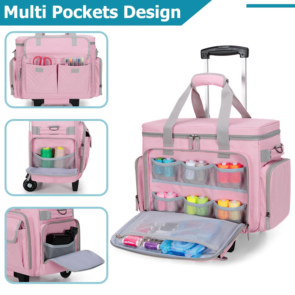 Luxja Custodia per Macchina da Cucire con Ruote e Tasche Multiple, Borsa per Macchina da Cucire con Tracolla Staccabile (Compatibile con Maggior Parte Delle Macchine da Cucire Standard), Rosa