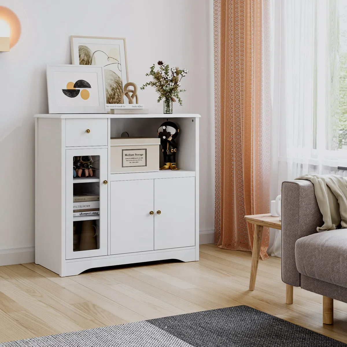 HOCSOK Credenza Microonde Cucina, Credenza Soggiorno Moderno, Armadietto da Terra con 3 Ante, adatto per Cucina, Soggiorno, Bianco, 90x40x82cm