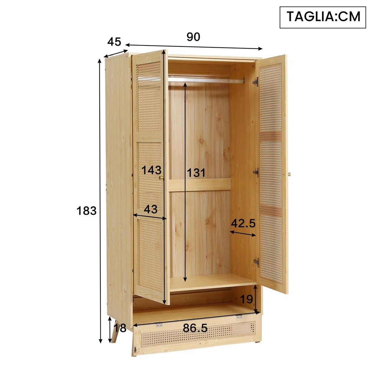 Armadio con asta, armadio a 2 ante, camera da letto, rete in rattan, soggiorno, con coperchio inferiore a ribalta, truciolato+rattan PE, naturale