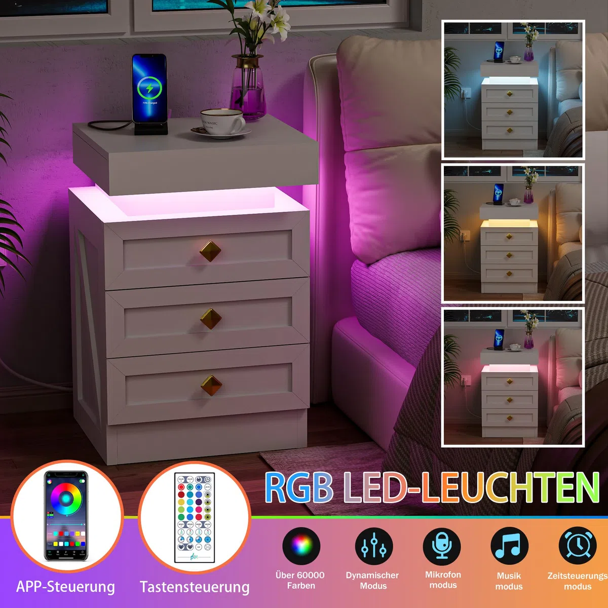Comodino Camera da Letto con Presa Elettrica, 2 AC 2 USB Comodini Moderni con Luce LED RGB, Comodino in Legno 3 Cassetti e Couvercle Coulissant, Soggiorno Studio, Bianco 35cm Larghezza