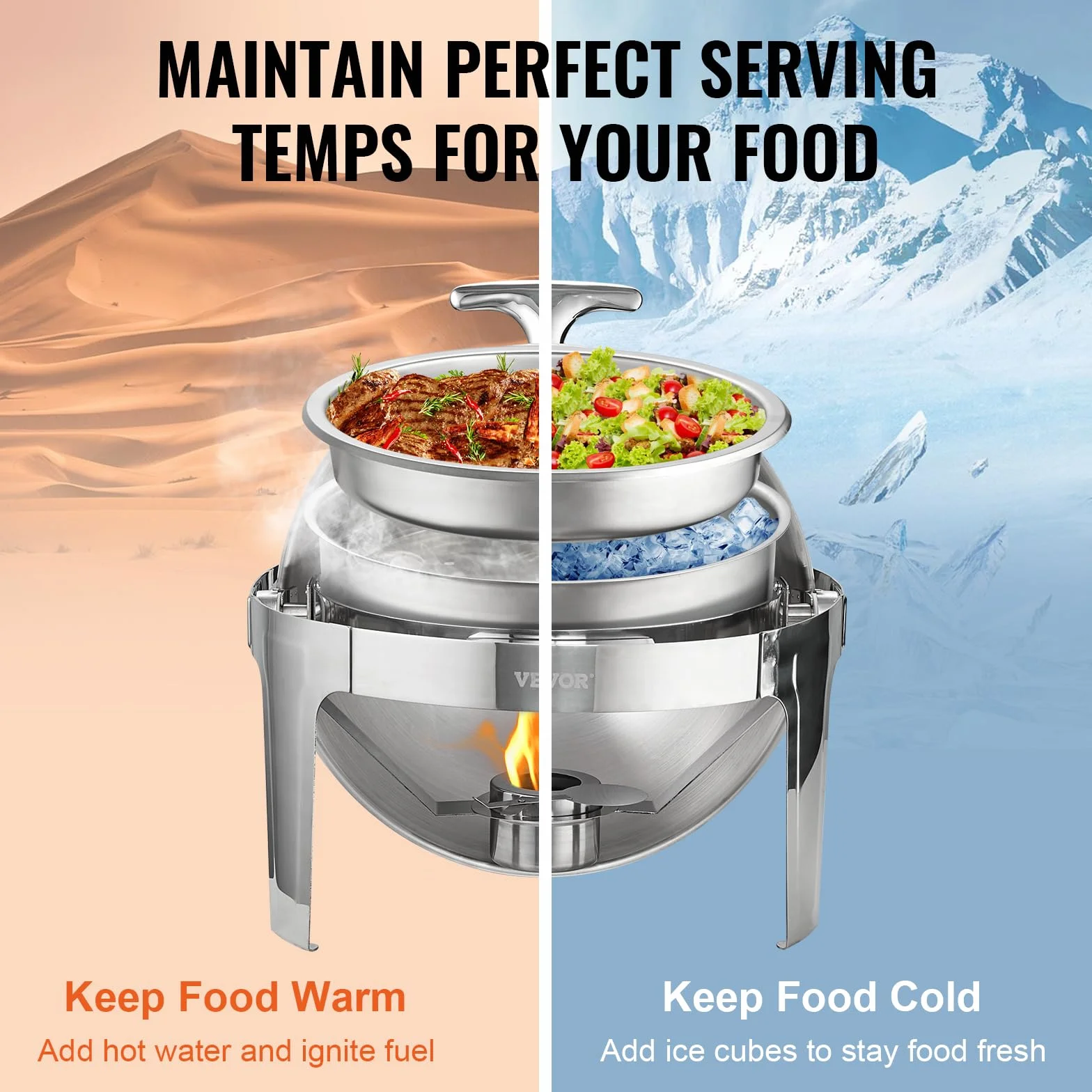 VEVOR Set di Scaldavivande 2 Pezzi in Acciaio Inox per Servizio Buffet Catering Ristorazione Coperchio Arrotolabile Capienza Max. 5,5L, Set di Vassoio di Riscaldamento Scaldavivande Rotonda per Buffet