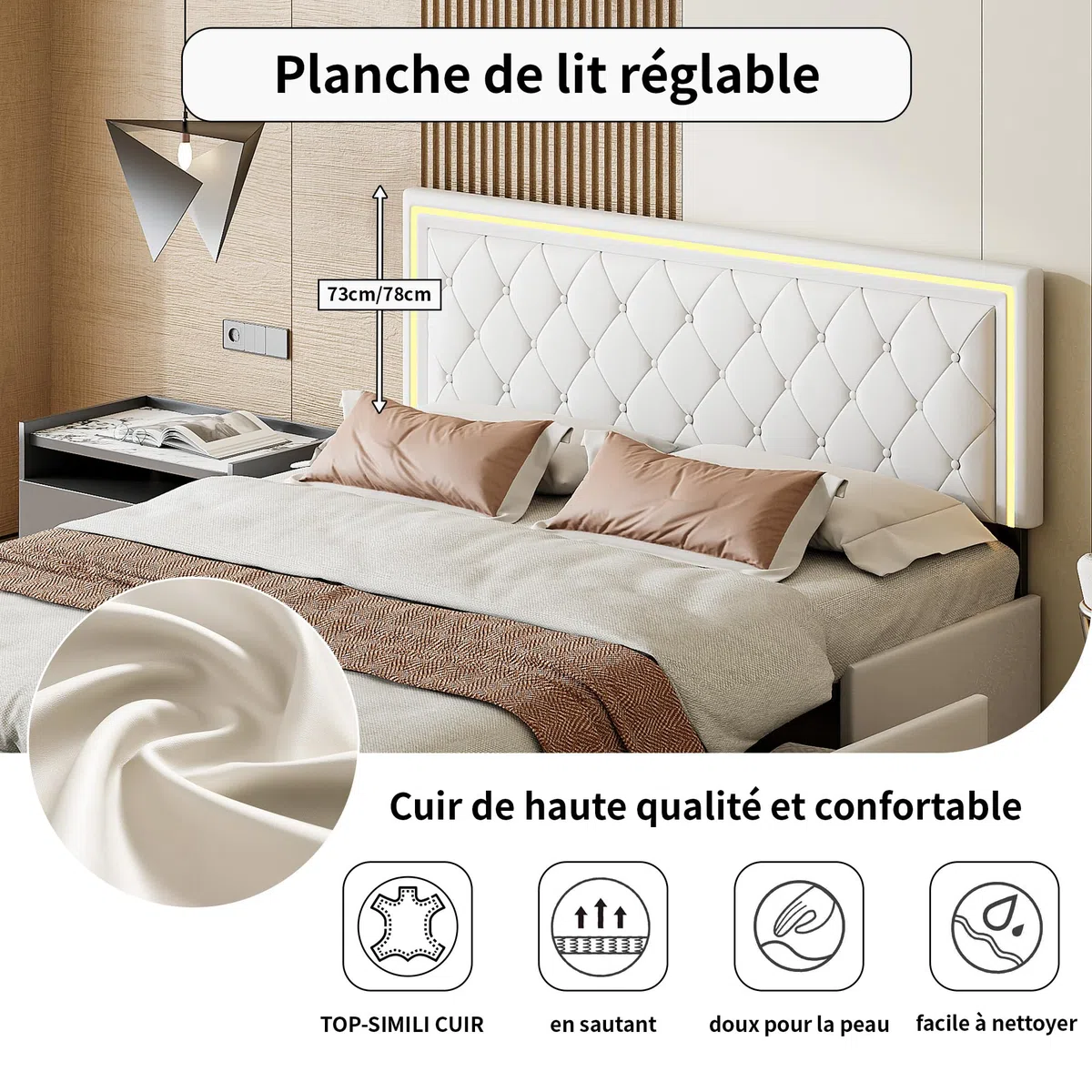 Letto imbottito 160 x 200 cm con illuminazione a LED, letto matrimoniale con 4 cassetti di stoccaggio, telaio letto matrimoniale con rete a doghe, letto cassetto, Beige bianco