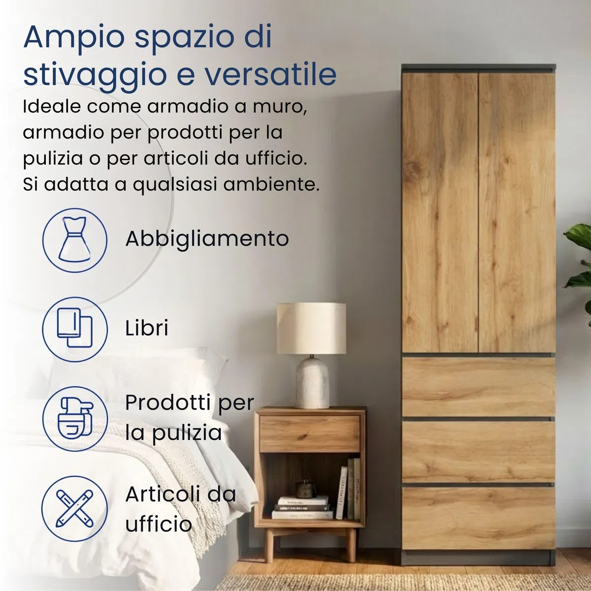 Home Collective Armadio multiuso a 2 ante con 3 ripiani e 3 cassetti | Armadio per camera da letto, ingresso o ufficio | 50x40x180 cm (LxPxA) | Antracite/Rovere