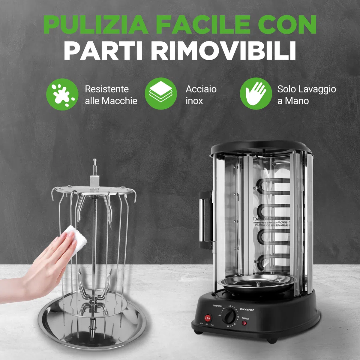 NutriChef Girarrosto Elettrico Forno Verticale 1500 Watt da Appoggio, per Kebab, Pollo Arrosto, Shawarma e Spiedini, con 7 Spiedi e Porta Resistente al Calore, per Casa e Cucina