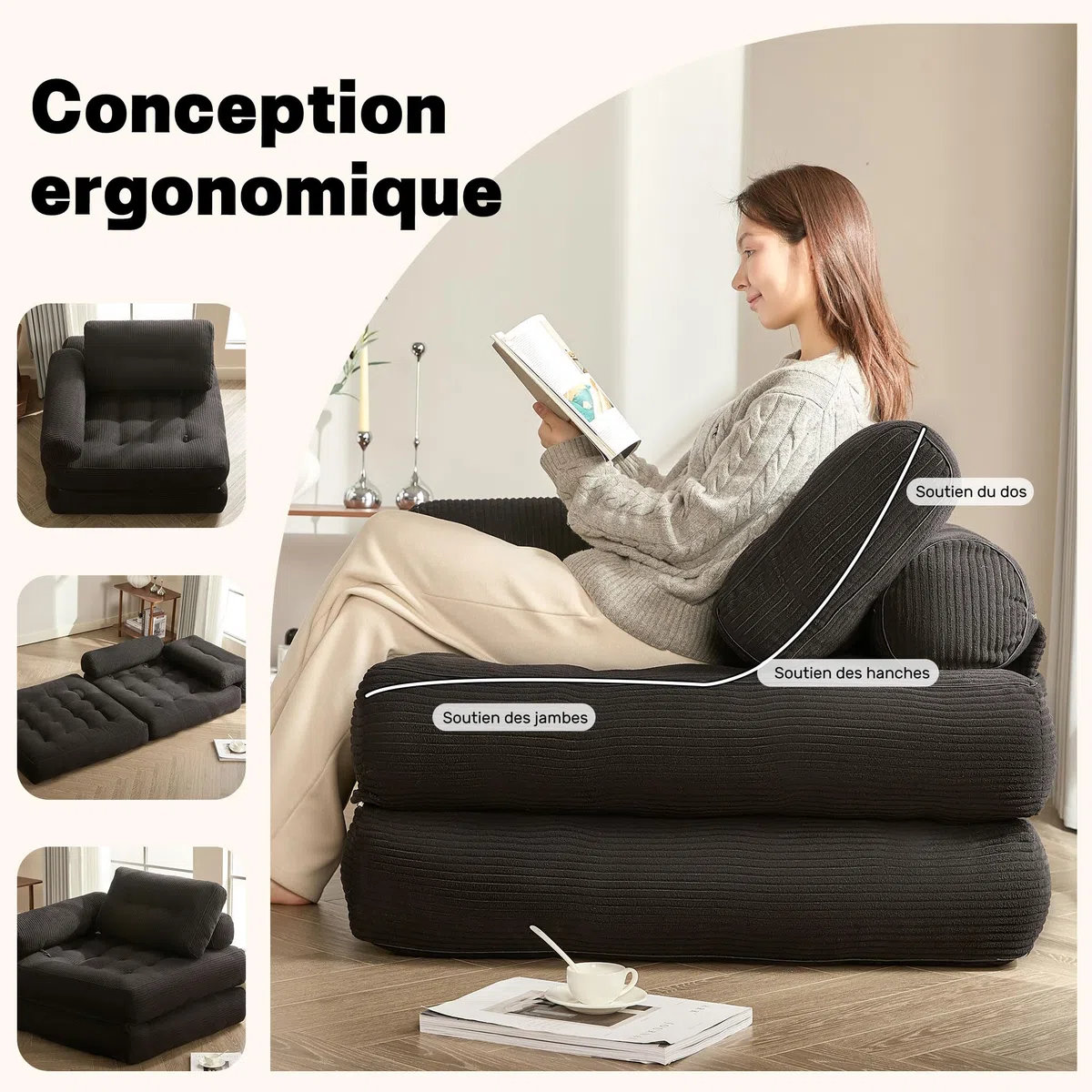 Divano letto pieghevole – Divano a sacco – Poltrona relax, divano gioco, divano letto e letto degli ospiti per piccoli spazi, poltrona per camera da letto e soggiorno (Nero, 89,9 cm)