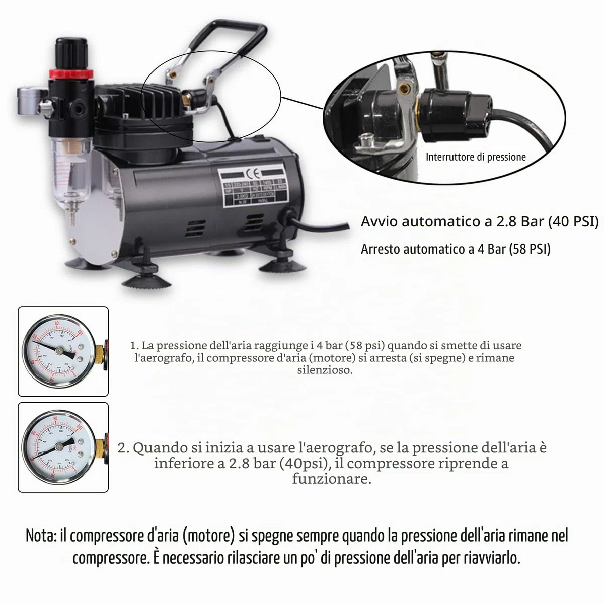 Set di aerografo con compressore, Pistola per aerografo Double Action con 3 aerografi, 0,2 mm, 0,3 mm, 0,8 mm, ugello e ago per Hobby, modellismo, Unghie