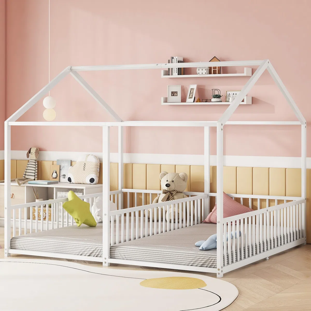Letto per bambini 90 x 200 cm Due letti da 90 cm con protezione anticaduta, Letto a casa Letto a pavimento Letto gemellare con design a forma di casa, Letto per bambini Telaio in ferro