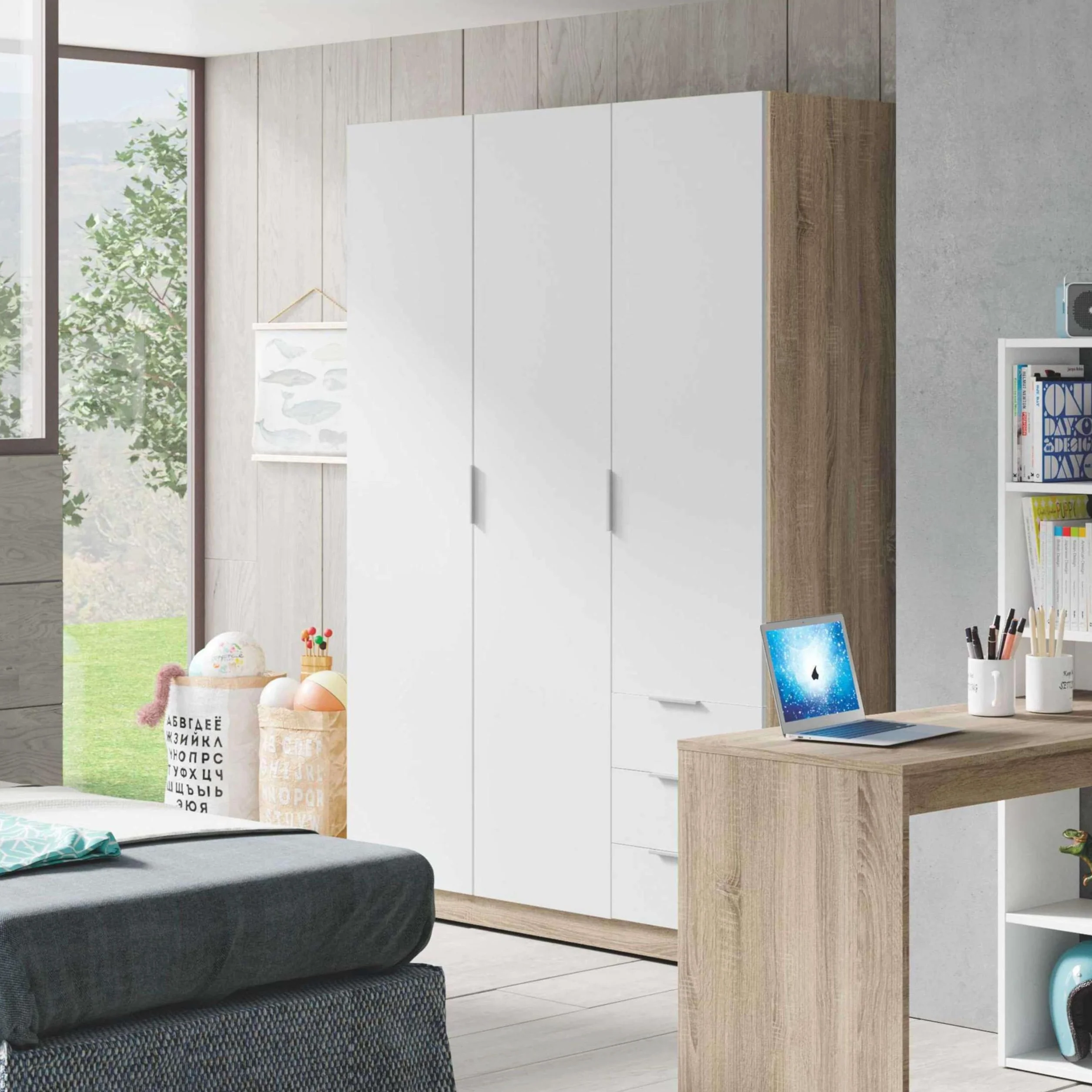 Armadio con tre ante e tre cassetti, finitura rovere canadese/bianco, dimensioni 121 cm (L) x 180 cm (A) x 52 cm (P)