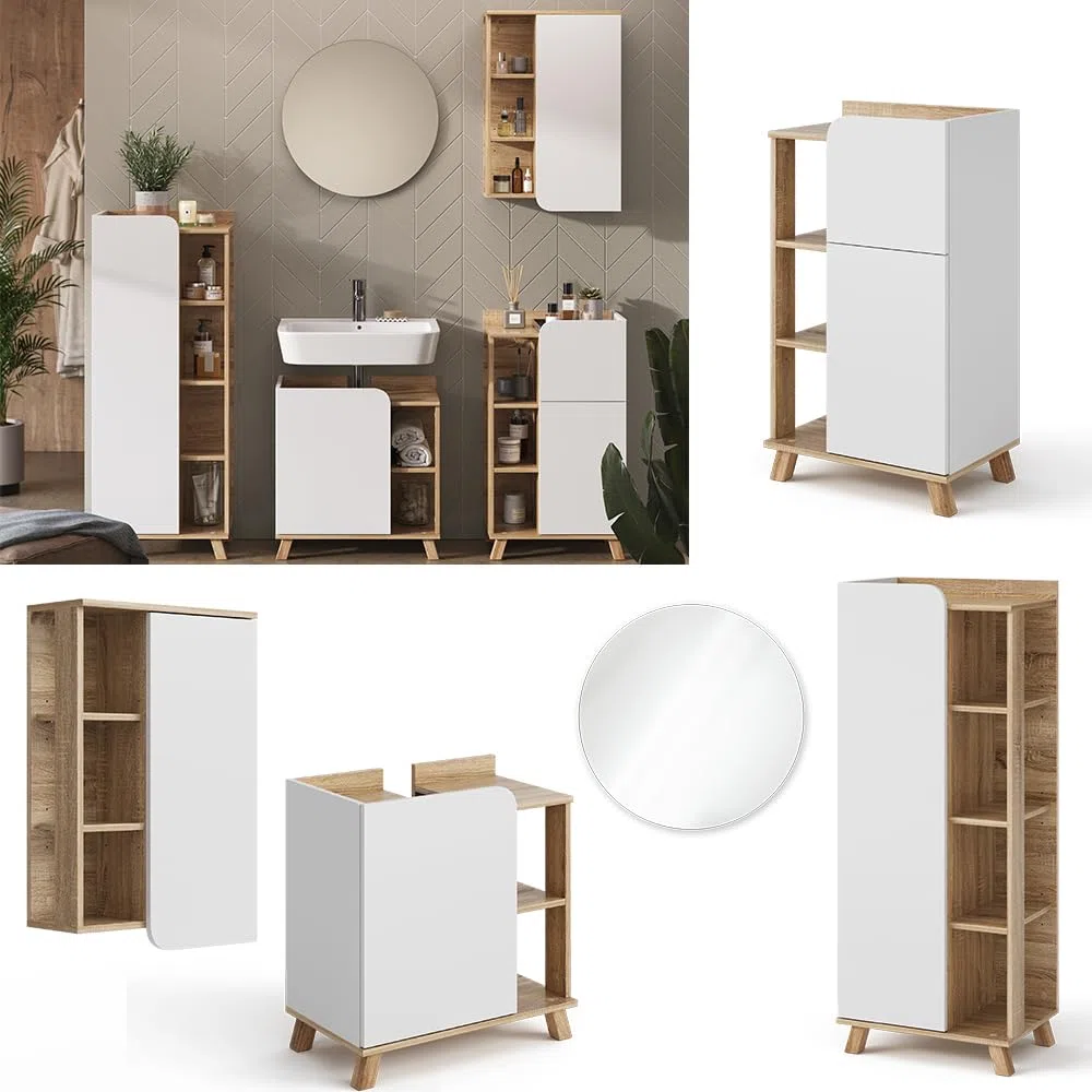 Vicco Set di mobili da bagno Karen, Sonoma/Bianco, 60 cm, composto da mobile lavabo, specchiera, armadietto, colonna e pensile