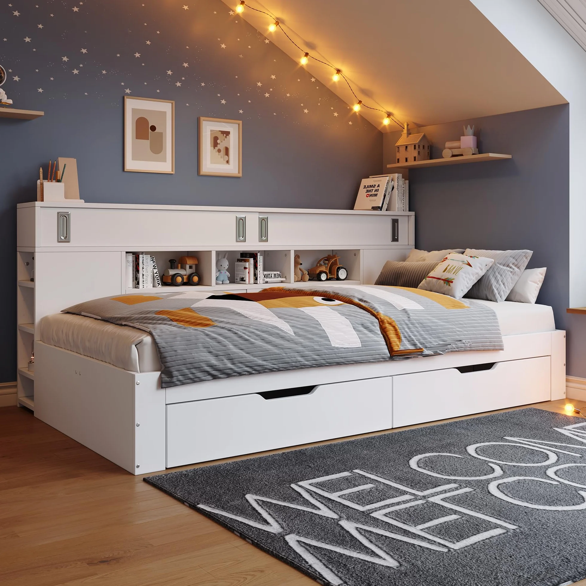 Letto per bambini 90x200, letto singolo con ripiani e armadio contenitore, letto contenitore con cassetti, struttura letto con rete a doghe, per adulti e ragazzi, senza materasso, bianco
