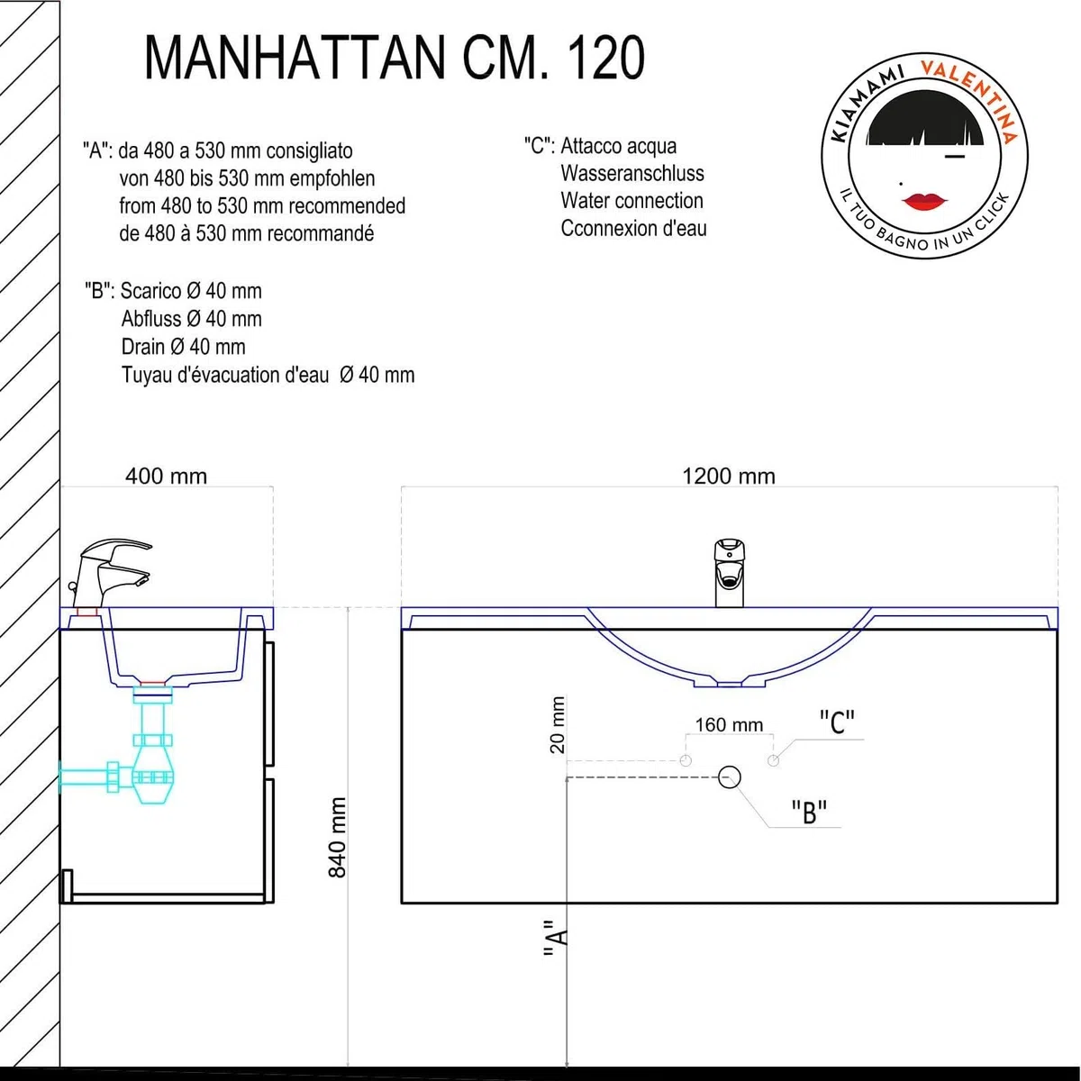 Kiamami Valentina - Mobile Bagno Con Cassetti 120 Cm In Bianco Foresta | Manhattan