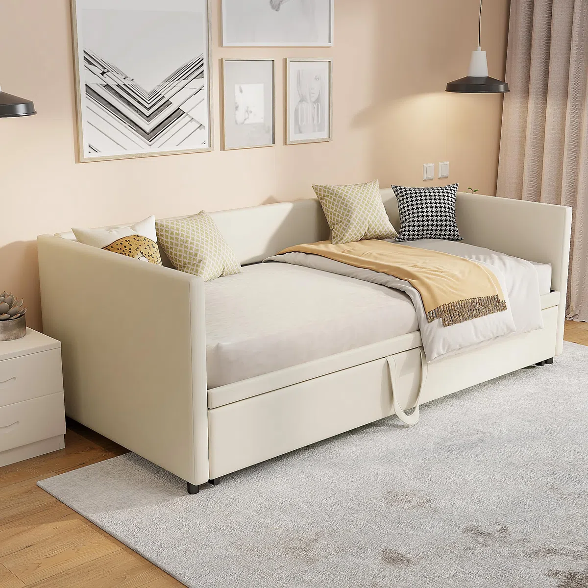 KeepGoon Divano Letto Estensibile 90/180x200 cm, Letto Singolo con Letto Estraibile, Struttura Salvaspazio con Rete a Doghe, Tessuto in Velluto Beige, Senza Materasso
