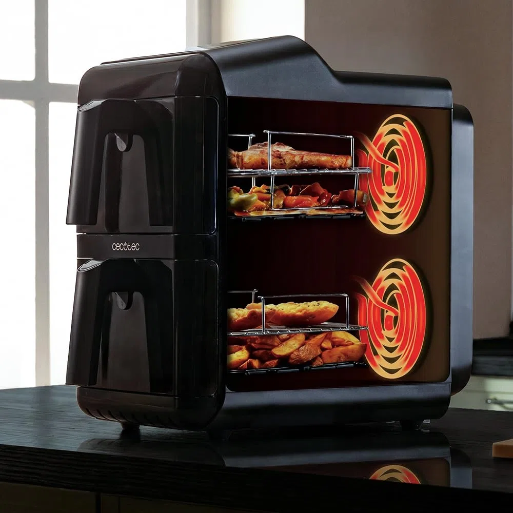 Cecotec Friggitrice ad Aria Verticale 12L Cecofry DuoLevel 12000 Window. 2900W, 2 Cestelli 6L, Finestra, Sync, 10 Menù, Temp Dual per Grandi Quantità, Cucina Veloce e Sana con Davvero Molto Poco Olio