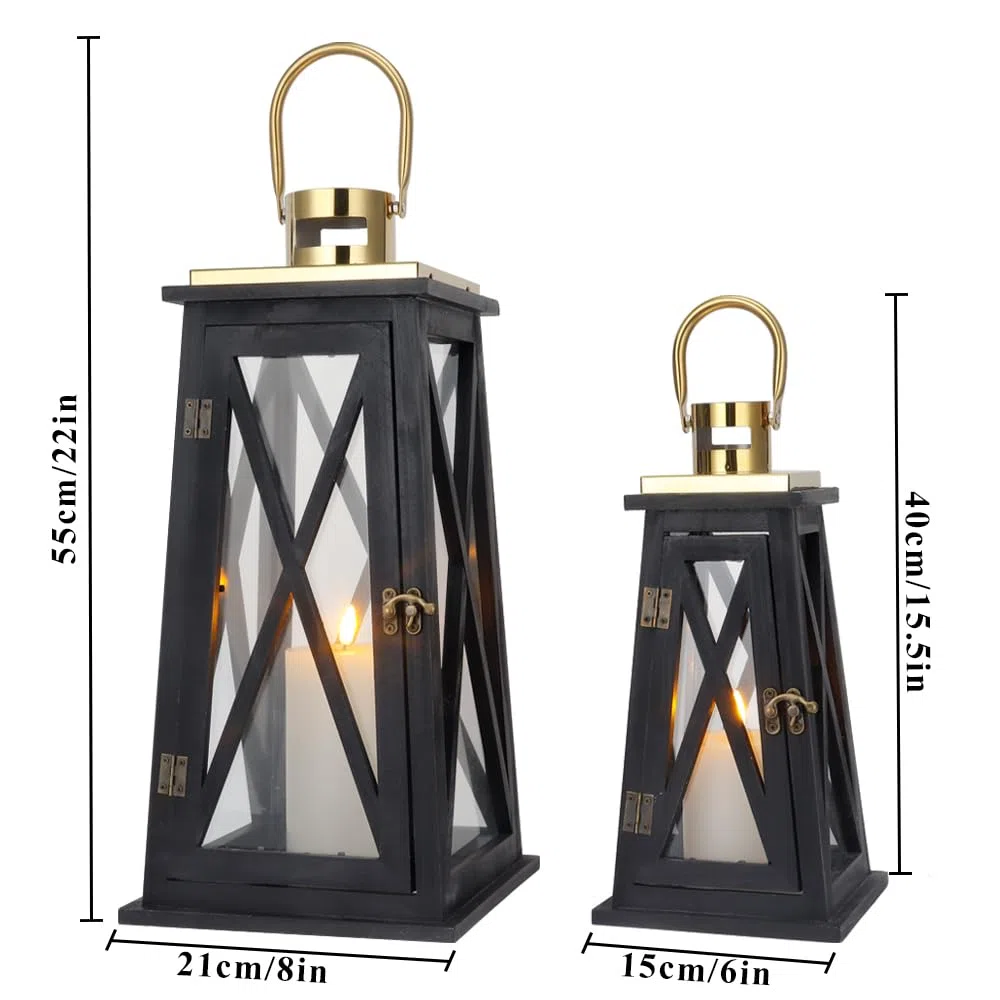 TRIROCKS Set di 2 Lanterne in Legno Stile Rustico 55 cm & 40 cm Alte, Portacandele Decorativi con Vetro Temperato per Decorazioni Casa, Natale, Matrimonio, Esterni (Trapezoidale Nera)