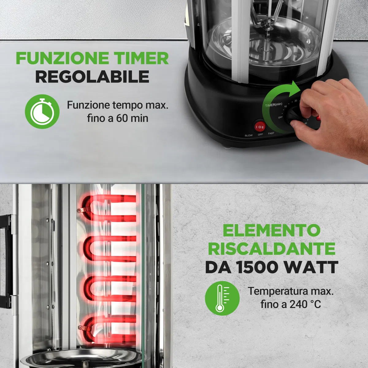 NutriChef Girarrosto Elettrico Forno Verticale 1500 Watt da Appoggio, per Kebab, Pollo Arrosto, Shawarma e Spiedini, con 7 Spiedi e Porta Resistente al Calore, per Casa e Cucina