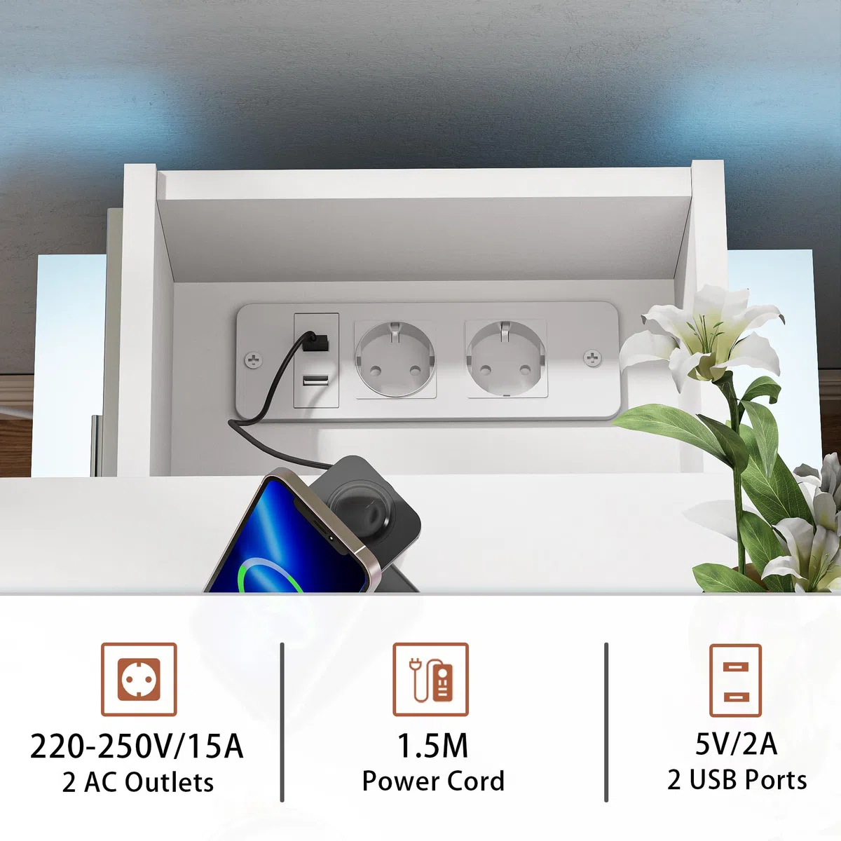 Comodino Camera da Letto con Presa Elettrica, 2 AC 2 USB Comodini Moderni con Luce LED RGB, Comodino in Legno 3 Cassetti e Couvercle Coulissant, Soggiorno Studio, Bianco 35cm Larghezza