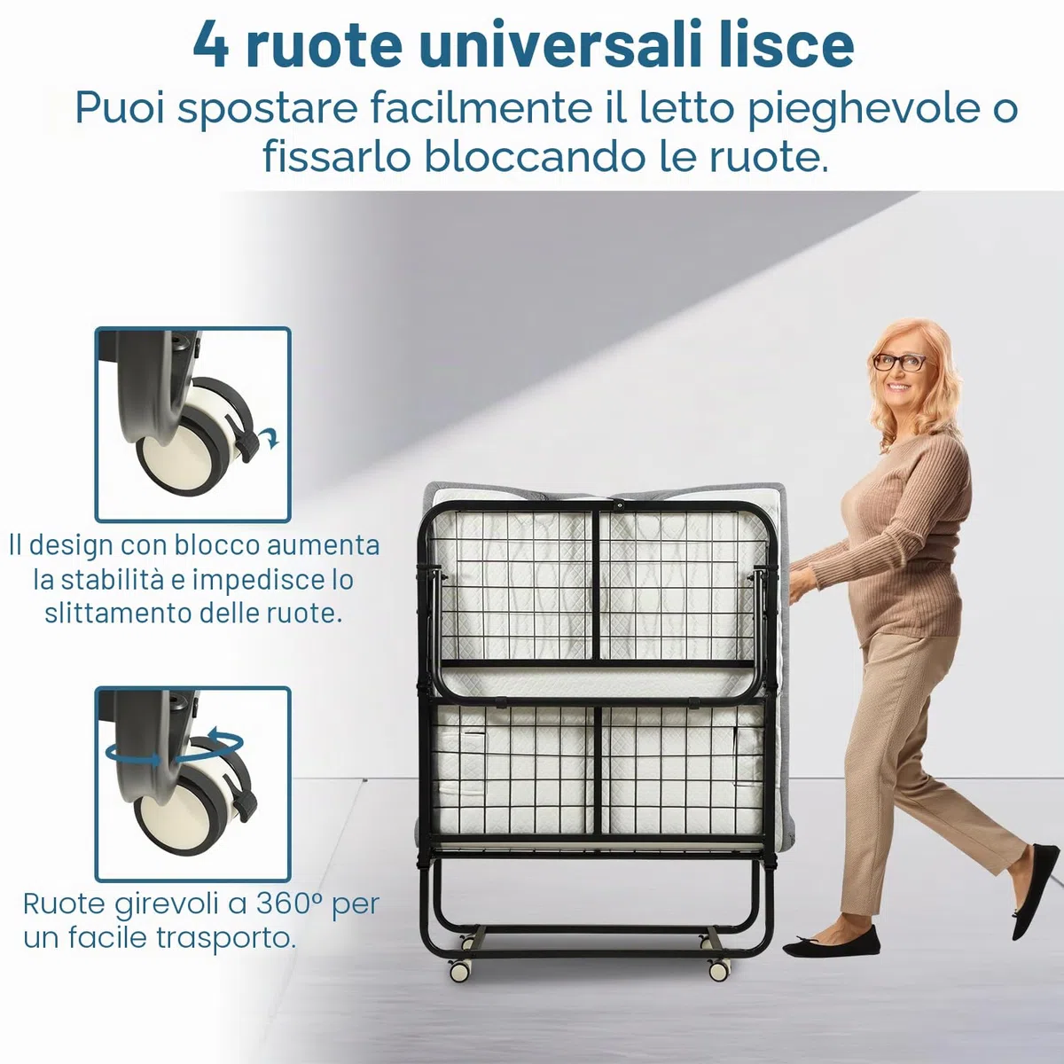 Daromigo Letto supplementare 90 x 200 cm, pieghevole, materasso 13 cm, letto singolo, metallo, 4 ruote, 150 kg, camera da letto, soggiorno
