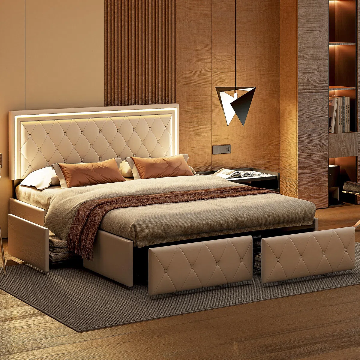 Letto imbottito 160 x 200 cm con illuminazione a LED, letto matrimoniale con 4 cassetti di stoccaggio, telaio letto matrimoniale con rete a doghe, letto cassetto, Beige bianco