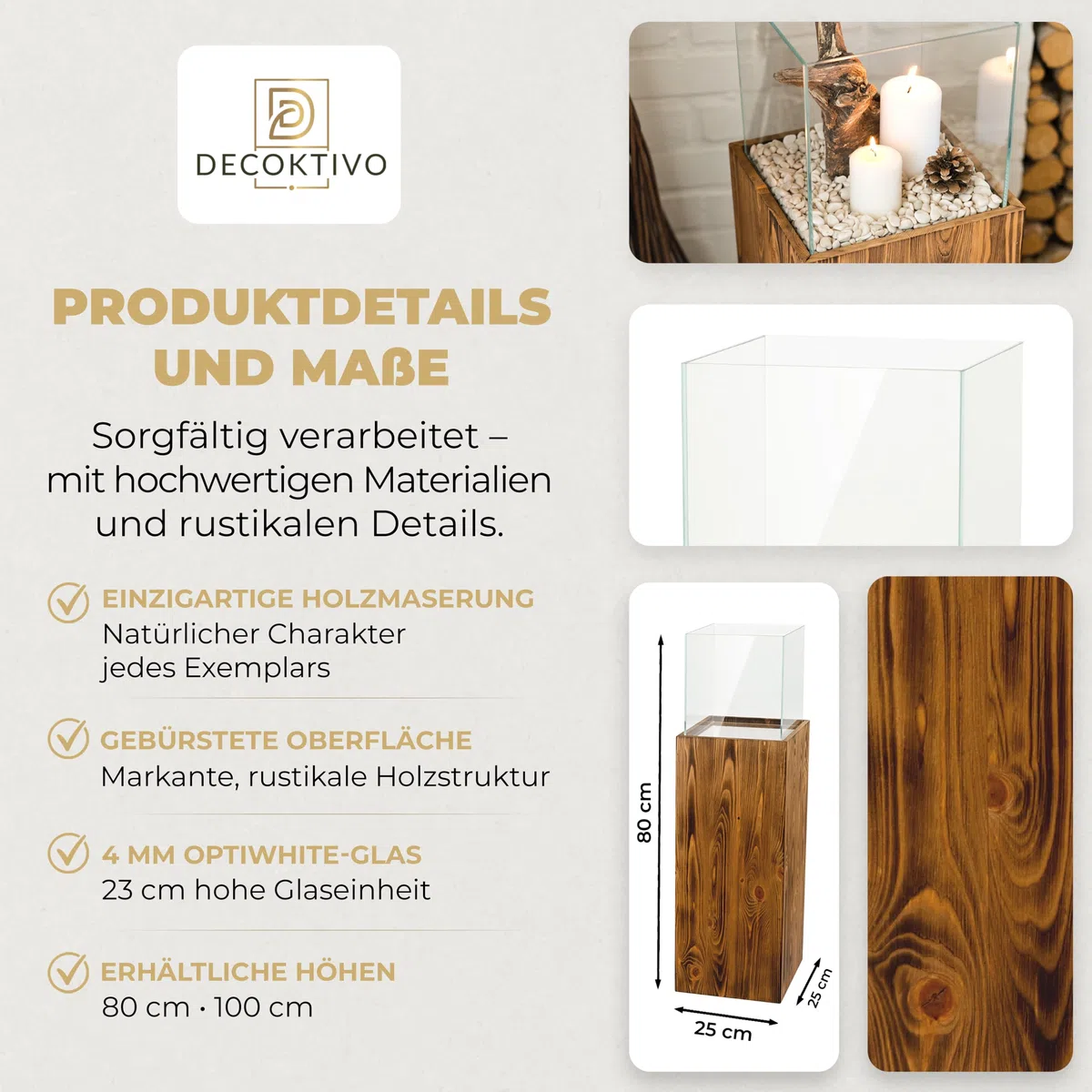 Colonna portacandela in legno e vetro, lanterna decorativa da pavimento, portacandela design per soggiorno, balcone e terrazza, finitura noce, altezza 80 cm